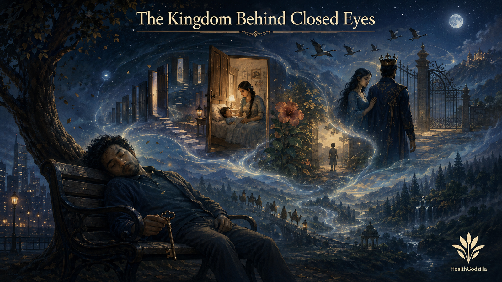 The Kingdom Behind Closed Eyes shows a sleeping wanderer dreaming of doors, memory, birds, a mother, and a king beneath moonlight.