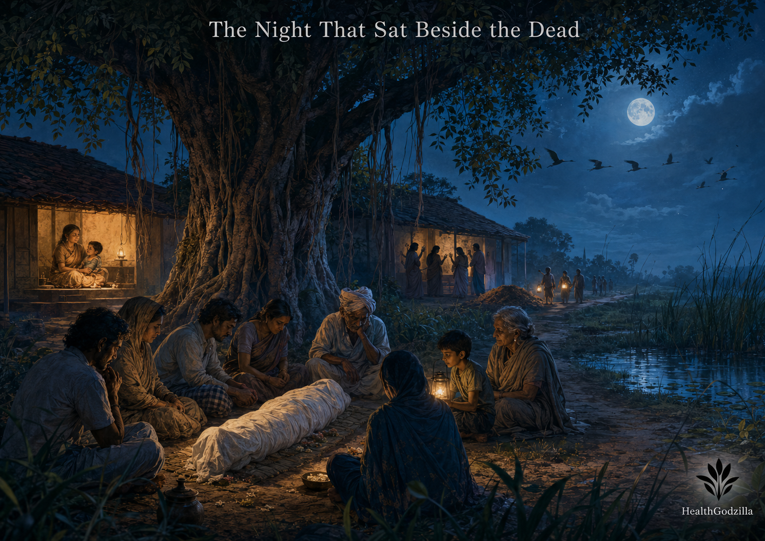 The Night That Sat Beside the Dead shows villagers mourning beneath a banyan tree as a child holds a lantern near the body.