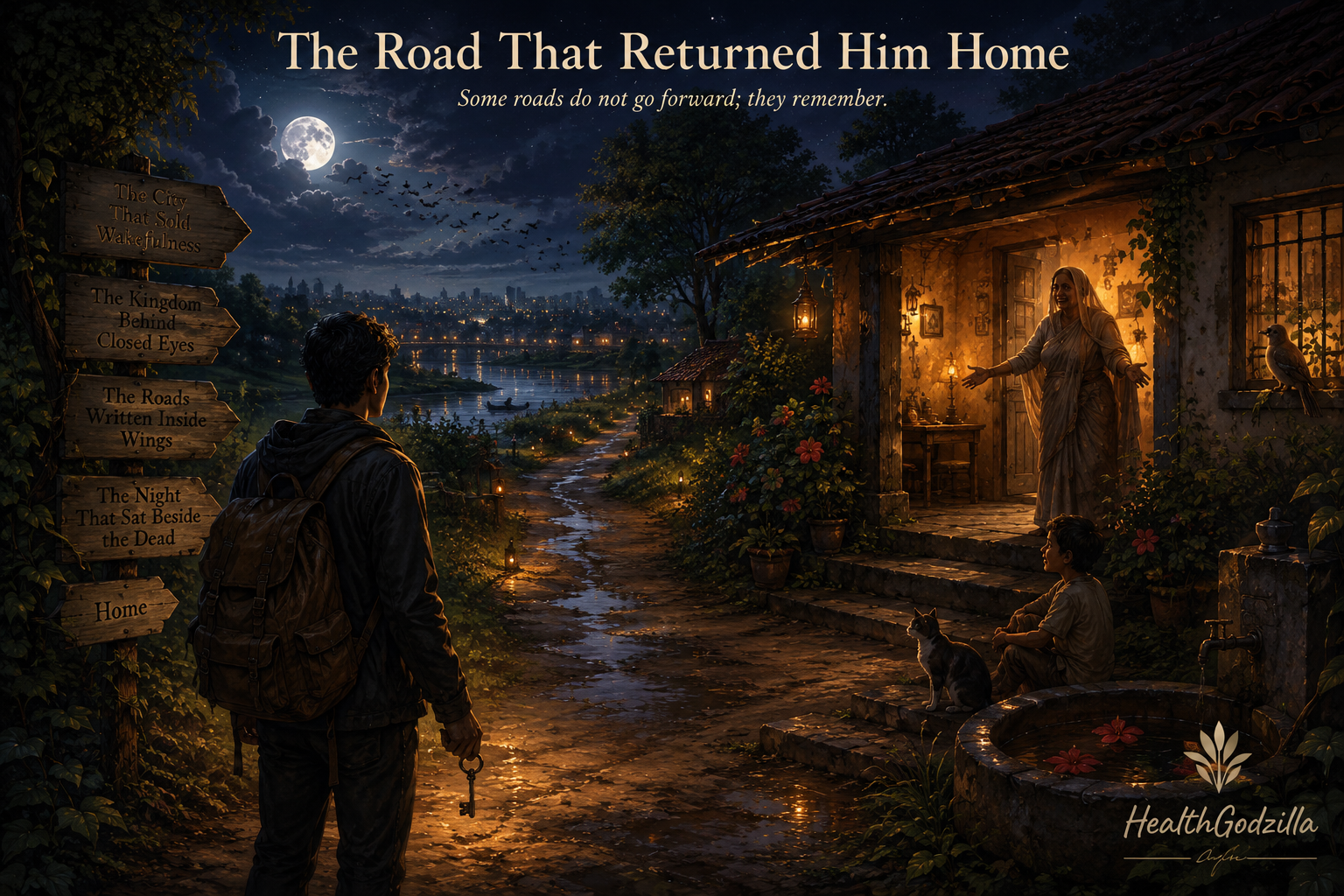 The Road That Returned Him Home shows a wanderer approaching his moonlit village as his mother waits beside a warm doorway.